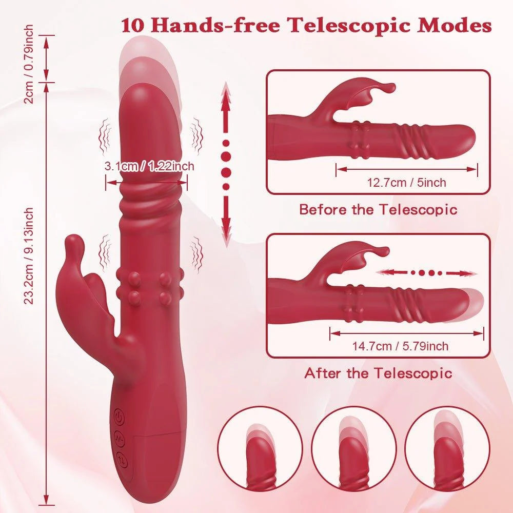 Red Rabbit Vibrating Massager with Telescopic Thrusting, G-Spot & Clitoral Stimulation