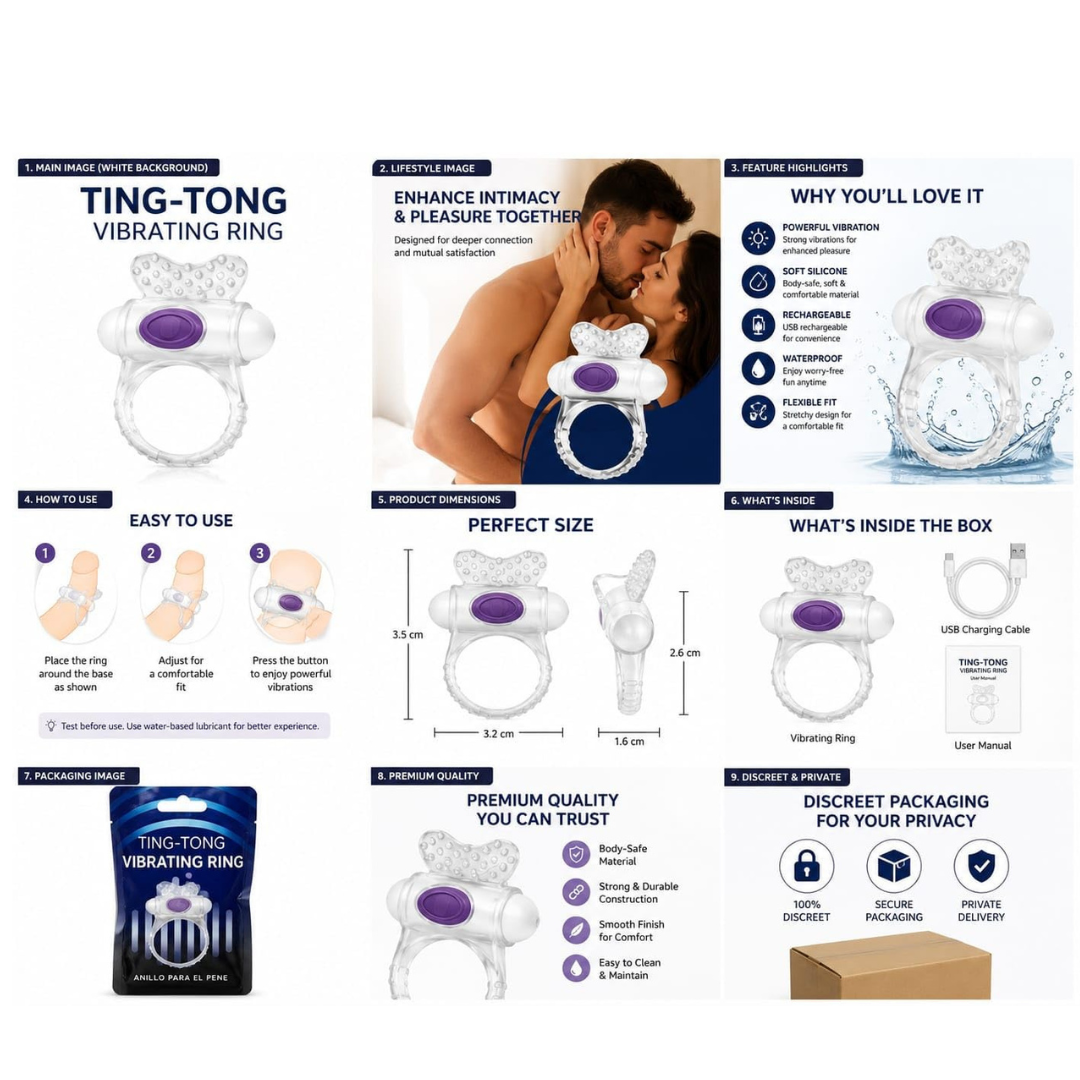 AdultsNeed Ting-Tong Rechargeable Vibrating Ring | 10 Vibration Modes | Soft Silicone | Waterproof | USB Rechargeable